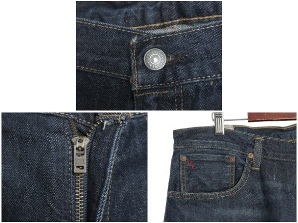 ポロ ラルフローレン インディゴ デニム パンツ メンズ 36 32 ヴィンテージ 加工 ジーンズ ジーパン ストレート ヒゲ アタリ 赤耳 革パッチ