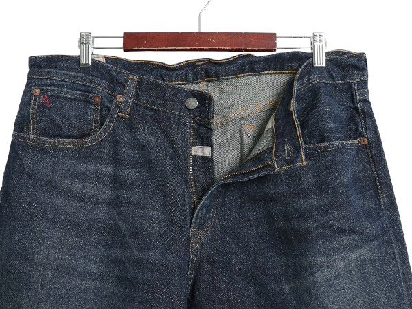 ポロ ラルフローレン インディゴ デニム パンツ メンズ 36 32 ヴィンテージ 加工 ジーンズ ジーパン ストレート ヒゲ アタリ 赤耳 革パッチ