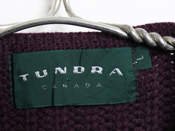 90s カナダ製 TUNDRA ウール ベスト メンズ レディース L 古着 オールド リブ編み ニット セーター 前開き 重ね着 シンプル 無地 パープル