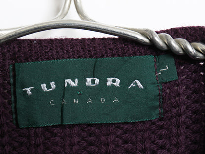 90s カナダ製 TUNDRA ウール ベスト メンズ レディース L 古着 オールド リブ編み ニット セーター 前開き 重ね着 シンプル 無地 パープル