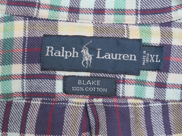 90s ラルフローレン チェック 長袖 ボタンダウン フランネル シャツ メンズ XL オールド ポロ BLAKE コットン ワンポイント 大きいサイズ