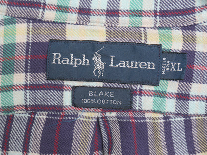 90s ラルフローレン チェック 長袖 ボタンダウン フランネル シャツ メンズ XL オールド ポロ BLAKE コットン ワンポイント 大きいサイズ