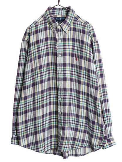 90s ラルフローレン チェック 長袖 ボタンダウン フランネル シャツ メンズ XL オールド ポロ BLAKE コットン ワンポイント 大きいサイズ