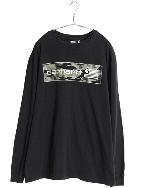 US企画 USA製 カーハート プリント 長袖 Tシャツ メンズ L / RELAXED FIT ロンT ミドルウェイト コットン 星条旗 迷彩柄 グラフィック 黒