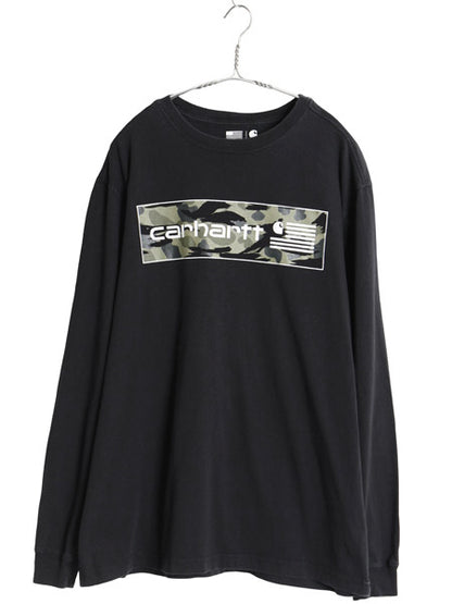 US企画 USA製 カーハート プリント 長袖 Tシャツ メンズ L / RELAXED FIT ロンT ミドルウェイト コットン 星条旗 迷彩柄 グラフィック 黒