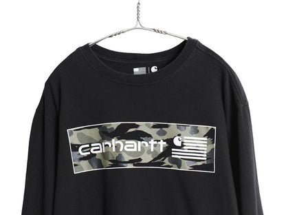US企画 USA製 カーハート プリント 長袖 Tシャツ メンズ L / RELAXED FIT ロンT ミドルウェイト コットン 星条旗 迷彩柄 グラフィック 黒