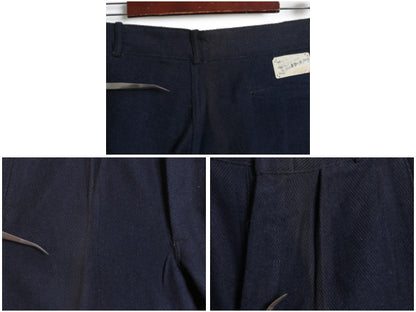 デッドストック 30s ★ コットン ウール スラックス パンツ 実寸 30 30 程/ ヴィンテージ ストレート ボタンフライ ヘリンボーン ワーク 紺