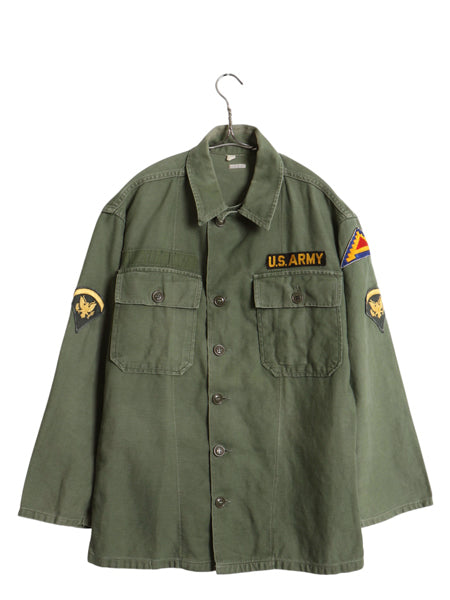 60s 米軍実物 US ARMY コットン サテン ユーティリティ シャツ M 程/ ヴィンテージ OG107 筒袖 1st 後期 ミリタリー 軍物 ワッペン付き 　
