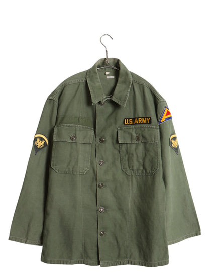 60s 米軍実物 US ARMY コットン サテン ユーティリティ シャツ M 程/ ヴィンテージ OG107 筒袖 1st 後期 ミリタリー 軍物 ワッペン付き 　