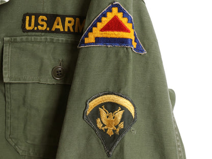 60s 米軍実物 US ARMY コットン サテン ユーティリティ シャツ M 程/ ヴィンテージ OG107 筒袖 1st 後期 ミリタリー 軍物 ワッペン付き 　