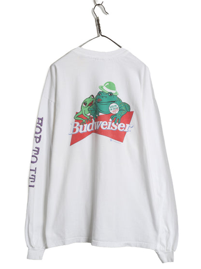 90s ★ バドワイザー カエル イラスト プリント 長袖 Tシャツ メンズ XXL オールド オフィシャル ビール 企業物 当時物 アニマル ロンT 白