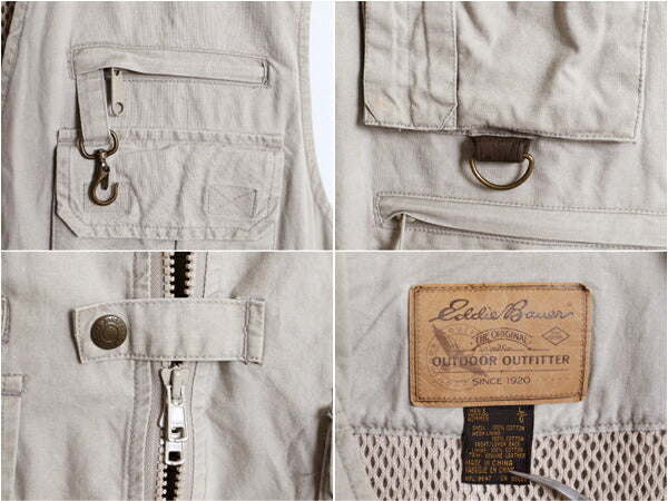 90s エディーバウアー サファリ ベスト メンズ L / オールド EDDIE BAUER アウトドア ハンティング フィッシング 前開き 多ポケット 重ね着