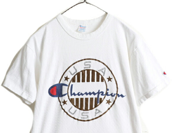 80s USA製 ■ チャンピオン 100% コットン ロゴ プリント Tシャツ メンズ M / Champion 80年代 ビンテージ トリコタグ シングルステッチ 白