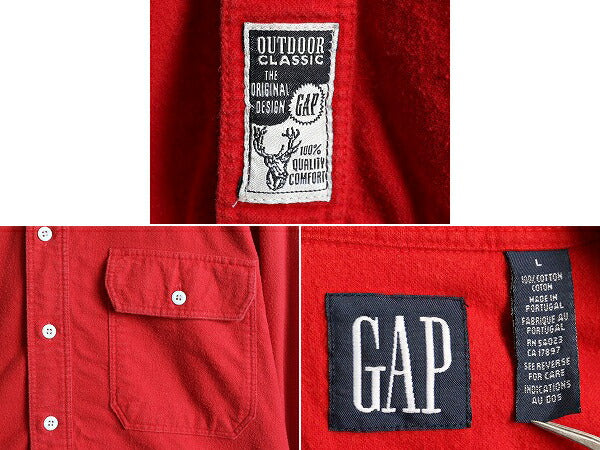 90s ■ OLD GAP コットン シャモア クロス 長袖 ボタンダウン シャツ メンズ L / 古着 90年代 オールド ギャップ ネル 無地 アウトドア 赤