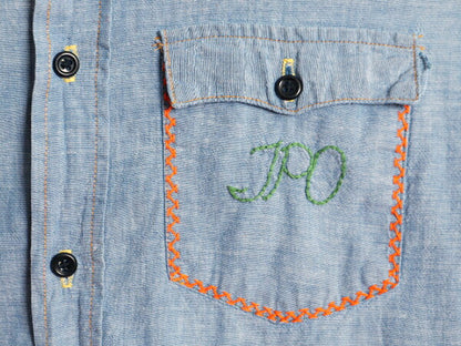 ハンドメイド 70s スキーヤー 刺繍 長袖 シャンブレー シャツ メンズ M 程/ 70年代 ヴィンテージ 100% コットン 一点物 ヒッピー カスタム