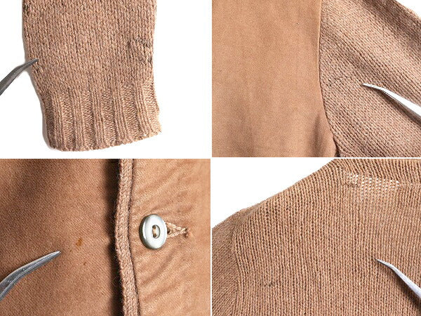 60s ウール ニット カーディガン メンズ S 程/ 60年代 ヴィンテージ コットン スエード 切替 セーター 前開き 羽織り 無地 茶 ミドルゲージ