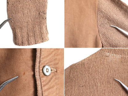 60s ウール ニット カーディガン メンズ S 程/ 60年代 ヴィンテージ コットン スエード 切替 セーター 前開き 羽織り 無地 茶 ミドルゲージ