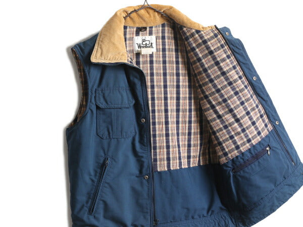 70s ウールリッチ 中綿 ベスト メンズ L / 古着 70年代 ヴィンテージ WOOLRICH 白タグ 襟 コーデュロイ チェック ライナー付き 前開き 紺