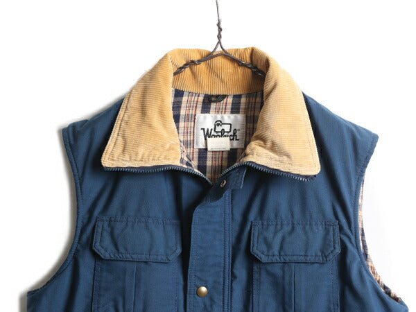 70s ウールリッチ 中綿 ベスト メンズ L / 古着 70年代 ヴィンテージ WOOLRICH 白タグ 襟 コーデュロイ チェック ライナー付き 前開き 紺