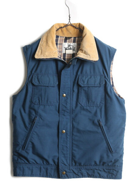 70s ウールリッチ 中綿 ベスト メンズ L / 古着 70年代 ヴィンテージ WOOLRICH 白タグ 襟 コーデュロイ チェック ライナー付き 前開き 紺