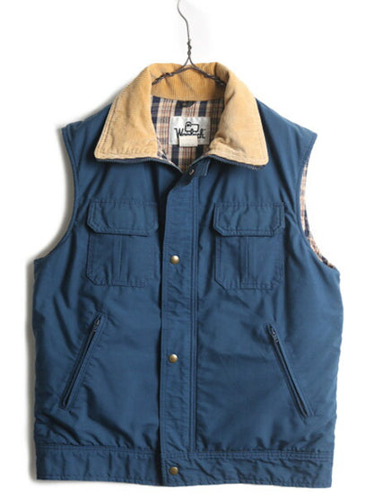 70s ウールリッチ 中綿 ベスト メンズ L / 古着 70年代 ヴィンテージ WOOLRICH 白タグ 襟 コーデュロイ チェック ライナー付き 前開き 紺
