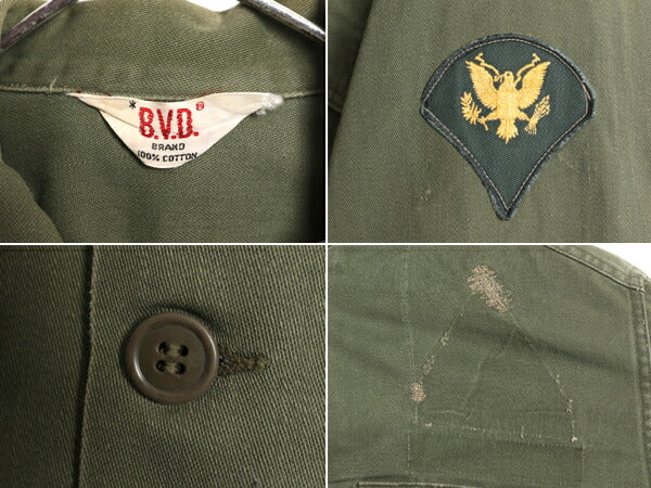 60s BVD コットン サテン ユーティリティ シャツ メンズ M 民間 古着 60年代 ヴィンテージ ARMY ミリタリー アーミー 軍物 筒袖 1st OG107