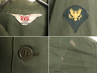 60s BVD コットン サテン ユーティリティ シャツ メンズ M 民間 古着 60年代 ヴィンテージ ARMY ミリタリー アーミー 軍物 筒袖 1st OG107