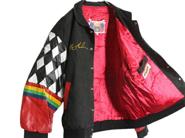 90s ジェフハミルトン レーシング ジャケット メンズ XL 程/ オールド 当時物 ジェフゴードン NASCAR DUPONT 本革 レザー コットン 切替 黒