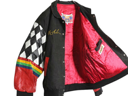 90s ジェフハミルトン レーシング ジャケット メンズ XL 程/ オールド 当時物 ジェフゴードン NASCAR DUPONT 本革 レザー コットン 切替 黒