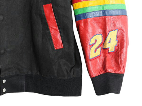 90s ジェフハミルトン レーシング ジャケット メンズ XL 程/ オールド 当時物 ジェフゴードン NASCAR DUPONT 本革 レザー コットン 切替 黒