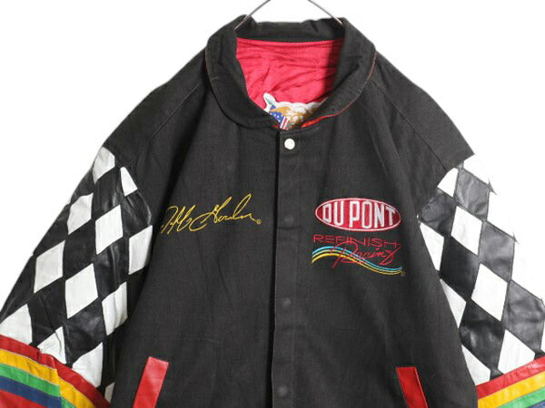 90s ジェフハミルトン レーシング ジャケット メンズ XL 程/ オールド 当時物 ジェフゴードン NASCAR DUPONT 本革 レザー コットン 切替 黒