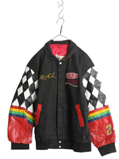 90s ジェフハミルトン レーシング ジャケット メンズ XL 程/ オールド 当時物 ジェフゴードン NASCAR DUPONT 本革 レザー コットン 切替 黒