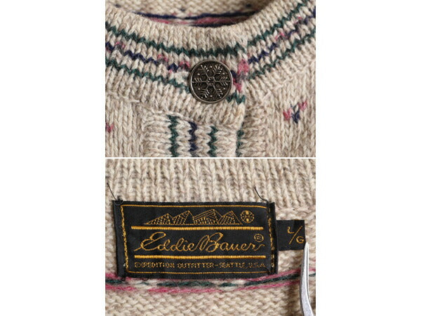 80s エディーバウアー バーズアイ ウール ニット カーディガン レディース L 古着 80年代 Eddie Bauer ヴィンテージ セーター ノルディック