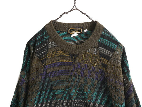 90s イタリア製 総柄 デザイン ニット セーター メンズ L / 90年代 オールド コットン アクリル クルーネック 薄手 シースルー 幾何学模様