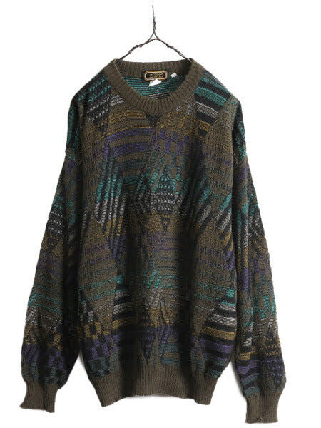 90s イタリア製 総柄 デザイン ニット セーター メンズ L / 90年代 オールド コットン アクリル クルーネック 薄手 シースルー 幾何学模様