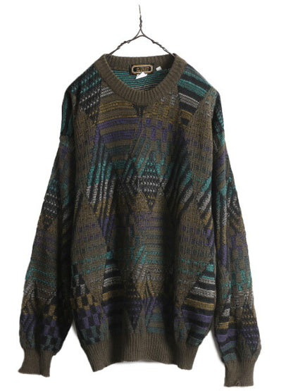 90s イタリア製 総柄 デザイン ニット セーター メンズ L / 90年代 オールド コットン アクリル クルーネック 薄手 シースルー 幾何学模様