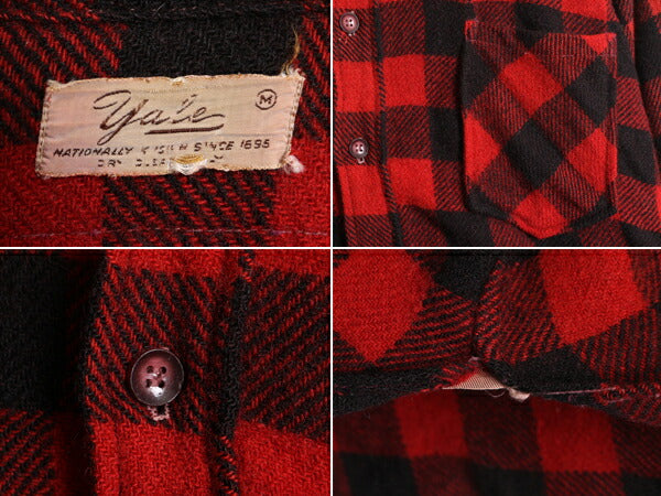 40s YALE ブロック チェック 長袖 CPO シャツ メンズ M 古着 40年代 ヴィンテージ イェール マチ付き ジャケット バッファロー 厚手 赤 黒
