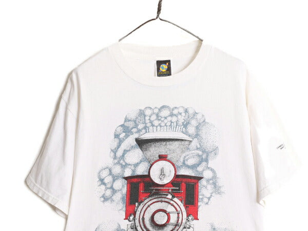 90s 機関車 両面 イラスト プリント Tシャツ メンズ L / 古着 90年代 オールド 当時物 半袖Tシャツ トレイン アート グラフィック ホワイト
