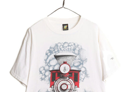 90s 機関車 両面 イラスト プリント Tシャツ メンズ L / 古着 90年代 オールド 当時物 半袖Tシャツ トレイン アート グラフィック ホワイト