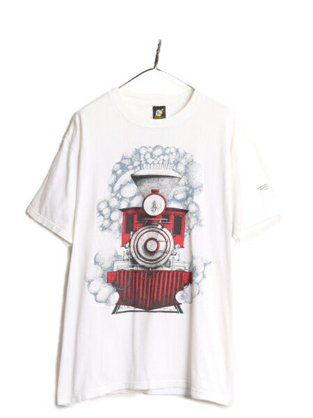 90s 機関車 両面 イラスト プリント Tシャツ メンズ L / 古着 90年代 オールド 当時物 半袖Tシャツ トレイン アート グラフィック ホワイト