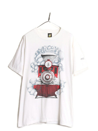 90s 機関車 両面 イラスト プリント Tシャツ メンズ L / 古着 90年代 オールド 当時物 半袖Tシャツ トレイン アート グラフィック ホワイト