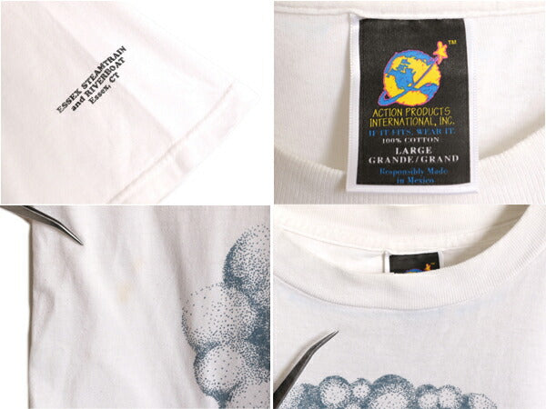 90s 機関車 両面 イラスト プリント Tシャツ メンズ L / 古着 90年代 オールド 当時物 半袖Tシャツ トレイン アート グラフィック ホワイト