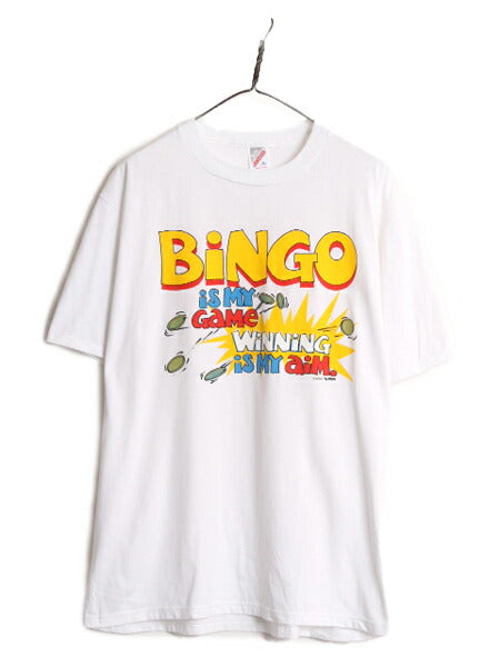 90s USA製 ビンゴ ジョーク メッセージ プリント Tシャツ メンズ XL / 古着 90年代 オールド 当時物 イラスト グラフィック 半袖Tシャツ 白