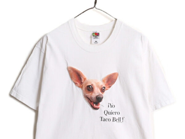 90s タコベル チワワ 立体 プリント Tシャツ メンズ L 古着 90年代 オフィシャル 企業物 当時物 キャラクター アニマル フォト イラスト 白