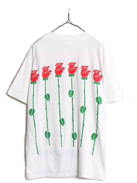 80s USA製 バラ アート イラスト プリント Tシャツ メンズ XL 小さめ L / ヴィンテージ フラワー 花 グラフィック シングルステッチ 白 白T