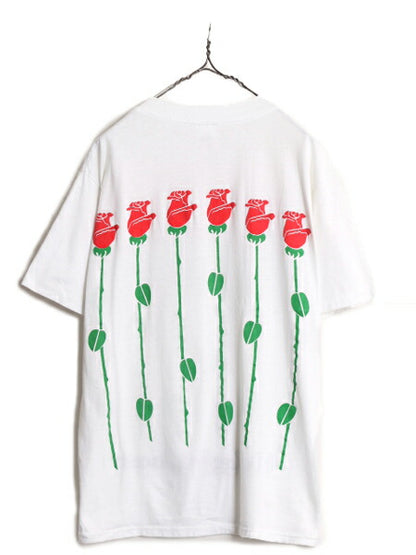 80s USA製 バラ アート イラスト プリント Tシャツ メンズ XL 小さめ L / ヴィンテージ フラワー 花 グラフィック シングルステッチ 白 白T