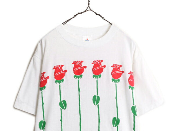 80s USA製 バラ アート イラスト プリント Tシャツ メンズ XL 小さめ L / ヴィンテージ フラワー 花 グラフィック シングルステッチ 白 白T