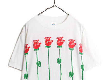 80s USA製 バラ アート イラスト プリント Tシャツ メンズ XL 小さめ L / ヴィンテージ フラワー 花 グラフィック シングルステッチ 白 白T