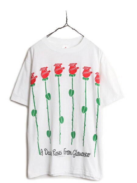 80s USA製 バラ アート イラスト プリント Tシャツ メンズ XL 小さめ L / ヴィンテージ フラワー 花 グラフィック シングルステッチ 白 白T