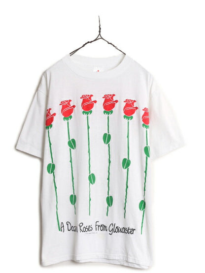 80s USA製 バラ アート イラスト プリント Tシャツ メンズ XL 小さめ L / ヴィンテージ フラワー 花 グラフィック シングルステッチ 白 白T